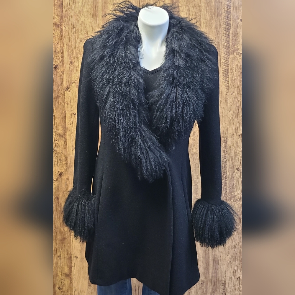Vintage Black Mongolian Lamb Fur Trim Cashmere Coat